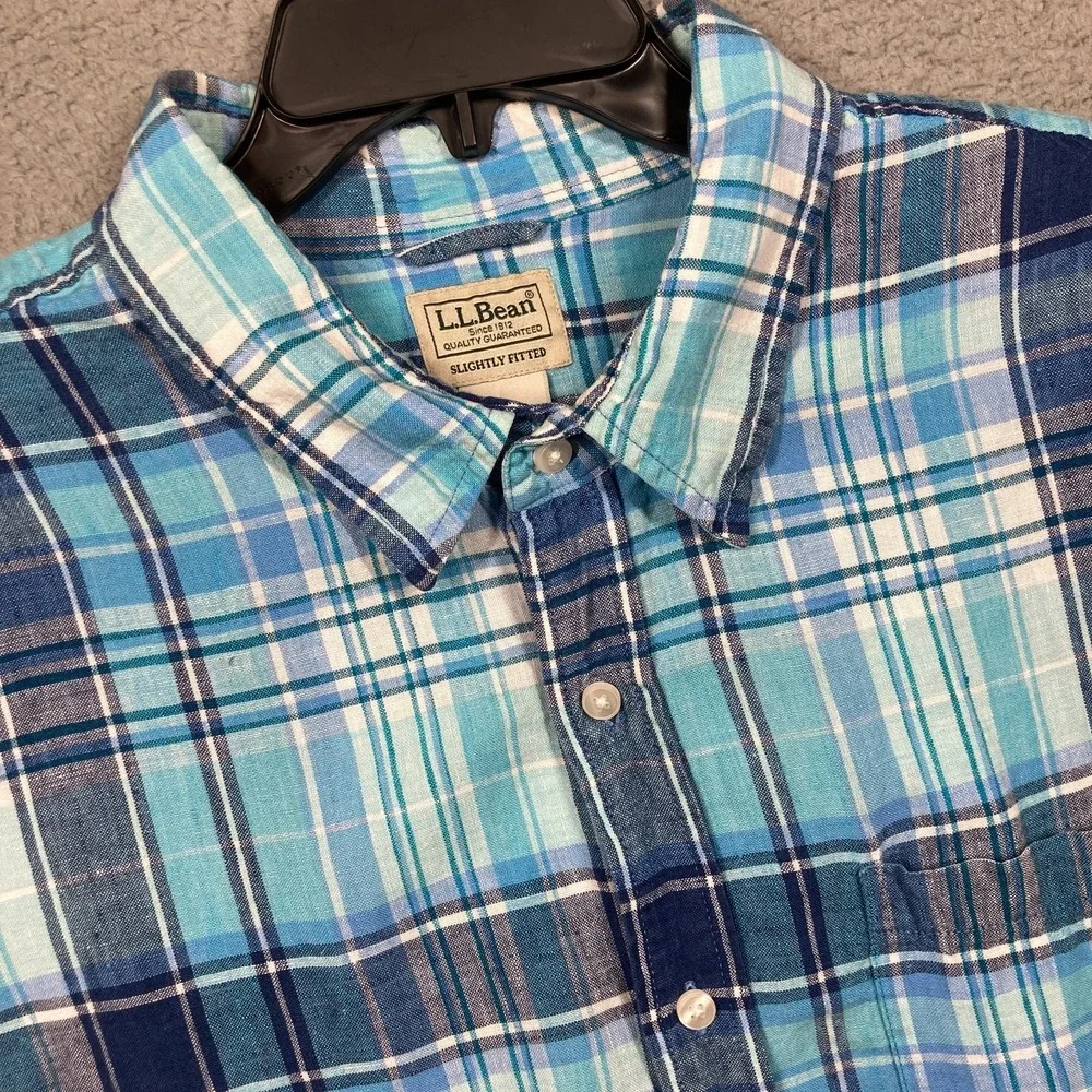 LL Bean Linen Button Shirt Mens XXL Tall Blue Plaid Short Sleeve Slightly Fitted